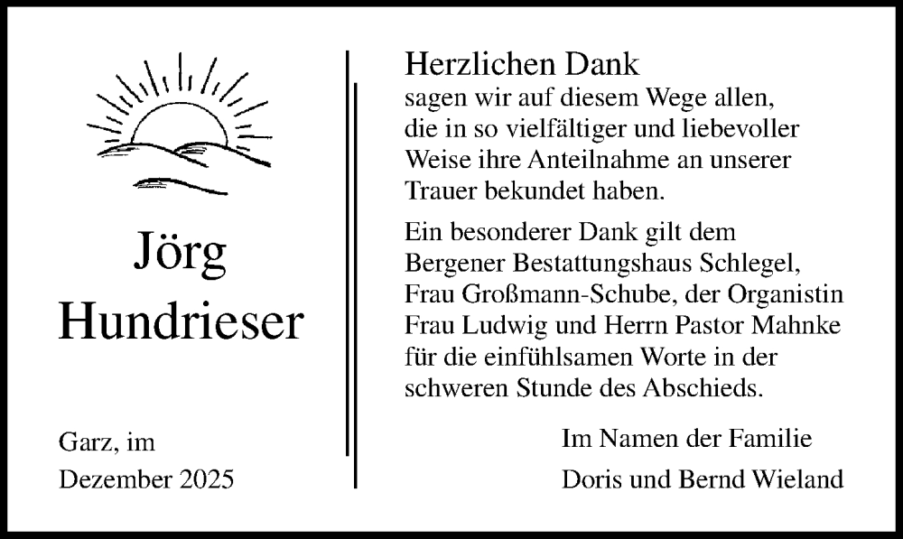  Traueranzeige für Jörg Hundrieser vom 20.12.2025 aus Ostsee-Zeitung GmbH