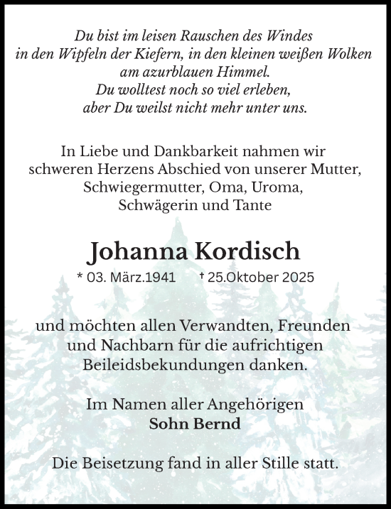 Traueranzeige von Johanna Kordisch von Sächsische Zeitung