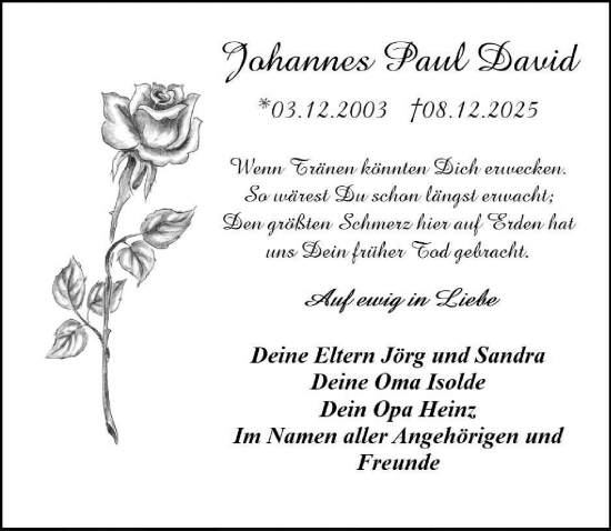 Traueranzeige von Johannes Paul David von Sächsische Zeitung