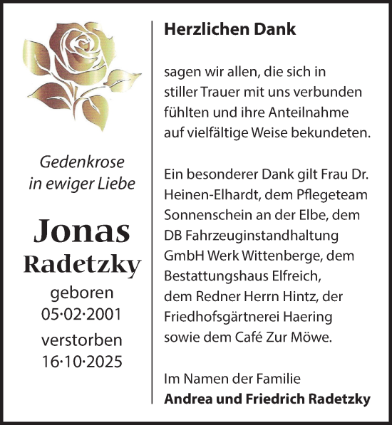 Traueranzeige von Jonas Radetzky von Wochenspiegel