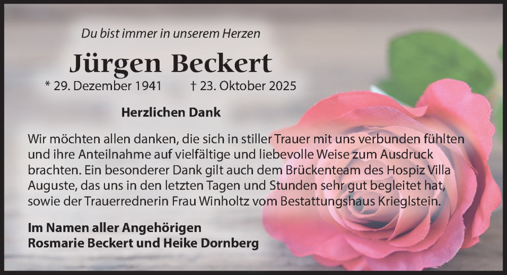  Traueranzeige für Jürgen Beckert vom 06.12.2025 aus Leipziger Volkszeitung