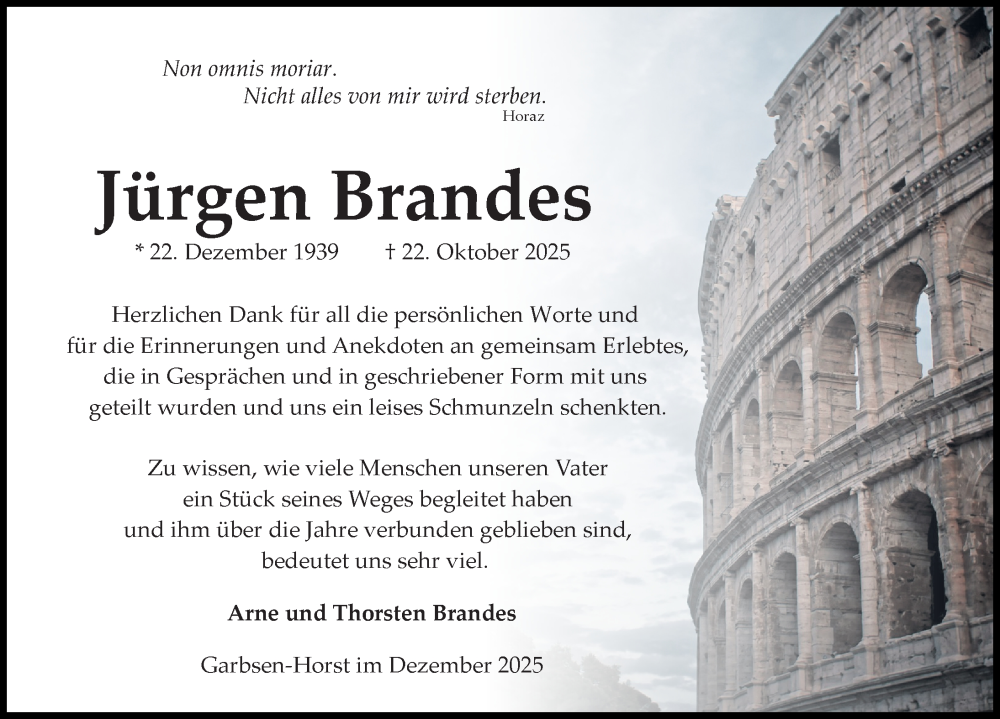  Traueranzeige für Jürgen Brandes vom 13.12.2025 aus Hannoversche Allgemeine Zeitung/Neue Presse