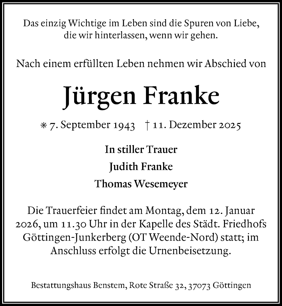  Traueranzeige für Jürgen Franke vom 27.12.2025 aus Göttinger Tageblatt