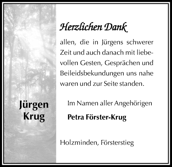Traueranzeige von Jürgen Krug von Täglicher Anzeiger Holzminden