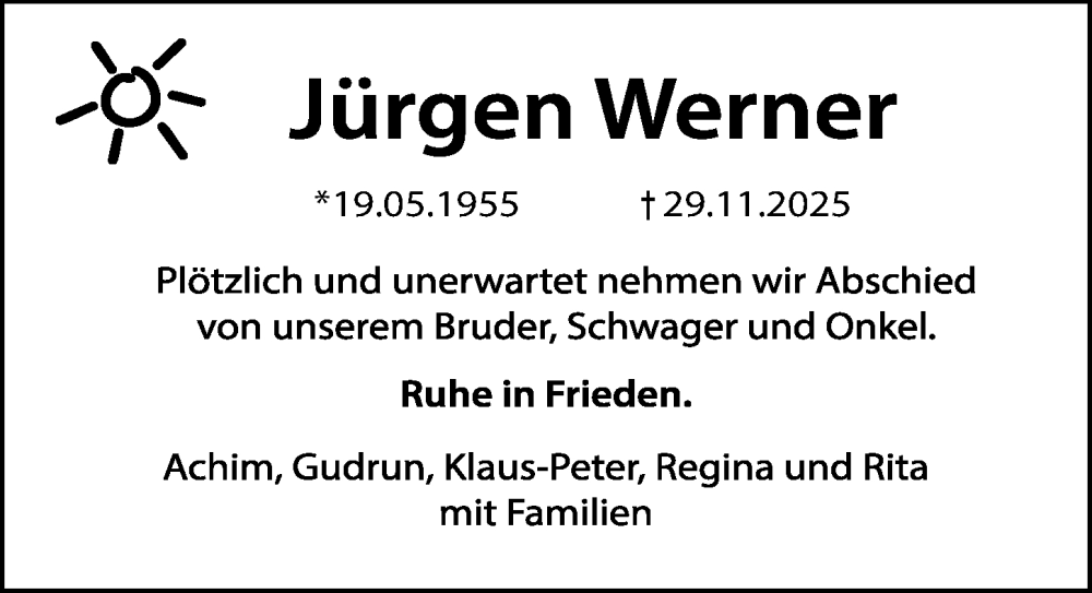  Traueranzeige für Jürgen Werner vom 06.12.2025 aus Eichsfelder Tageblatt