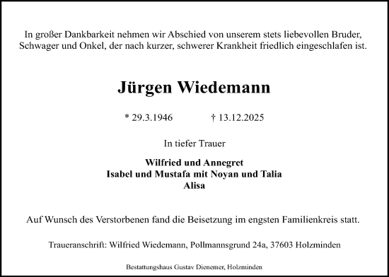 Traueranzeige von Jürgen Wiedemann von Täglicher Anzeiger Holzminden