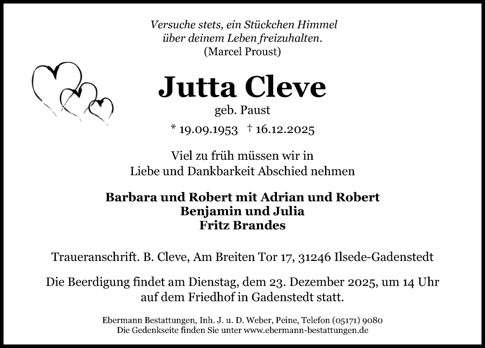  Traueranzeige für Jutta Cleve vom 20.12.2025 aus Peiner Allgemeine Zeitung