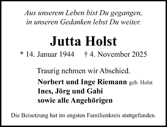 Traueranzeige von Jutta Holst von Lübecker Nachrichten