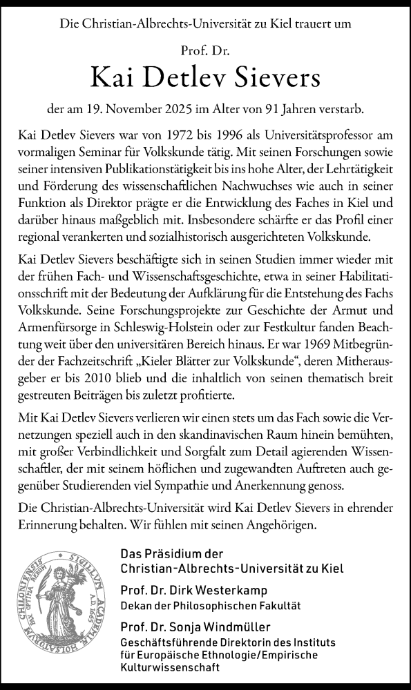  Traueranzeige für Kai Detlev Sievers vom 13.12.2025 aus Kieler Nachrichten