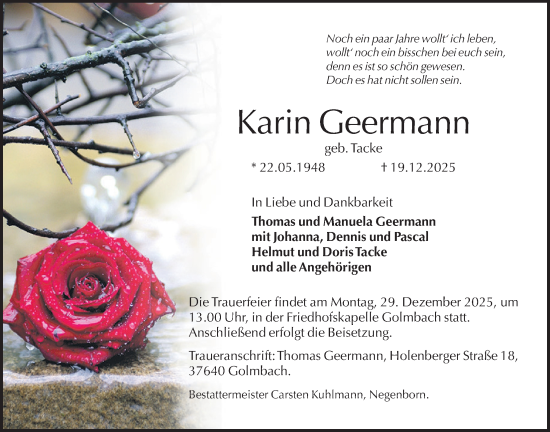Traueranzeige von Karin Geermann von Täglicher Anzeiger Holzminden