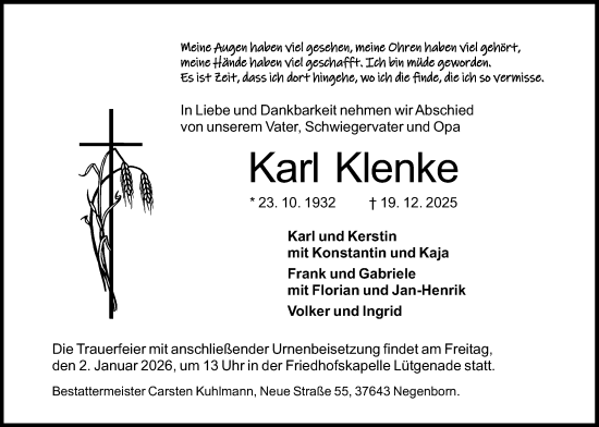 Traueranzeige von Karl Klenke von Täglicher Anzeiger Holzminden