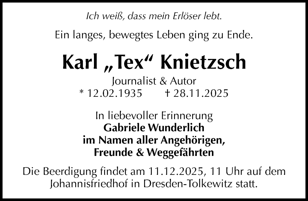  Traueranzeige für Karl Knietzsch vom 06.12.2025 aus Sächsische Zeitung