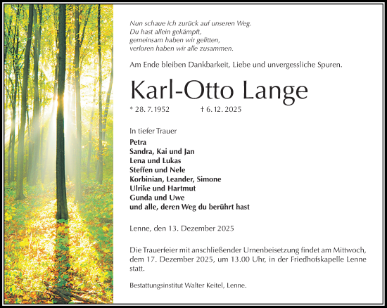 Traueranzeige von Karl-Otto Lange von Täglicher Anzeiger Holzminden