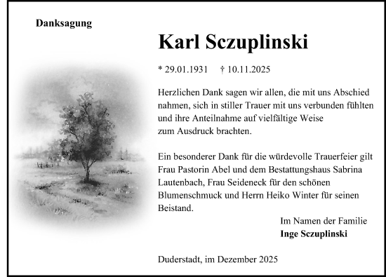 Traueranzeige von Karl Sczuplinski von Eichsfelder Tageblatt
