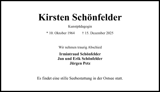 Traueranzeige von Kirsten Schönfelder von Peiner Allgemeine Zeitung