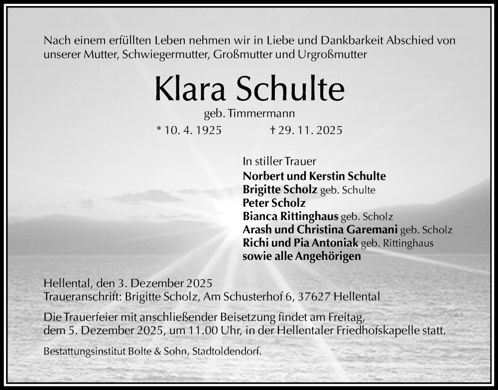  Traueranzeige für Klara Schulte vom 03.12.2025 aus Täglicher Anzeiger Holzminden