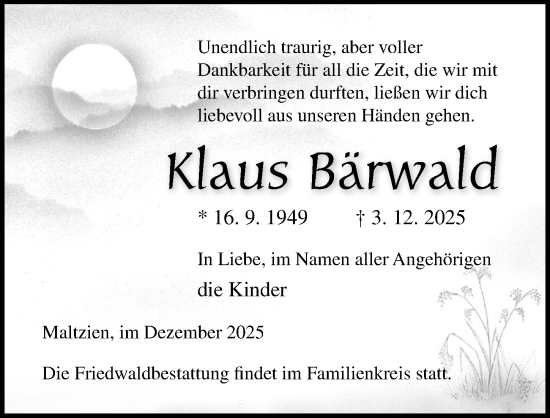 Traueranzeige von Klaus Bärwald von Ostsee-Zeitung GmbH