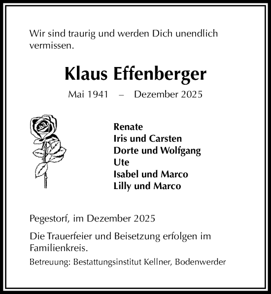 Traueranzeige von Klaus Effenberger von Täglicher Anzeiger Holzminden