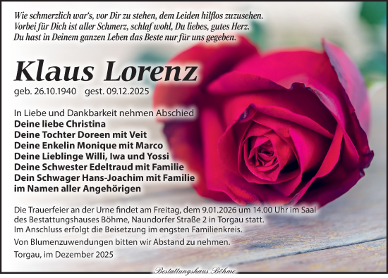 Traueranzeige von Klaus Lorenz von Torgauer Zeitung