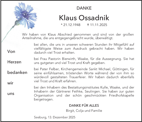 Traueranzeige von Klaus Ossadnik von Göttinger Tageblatt