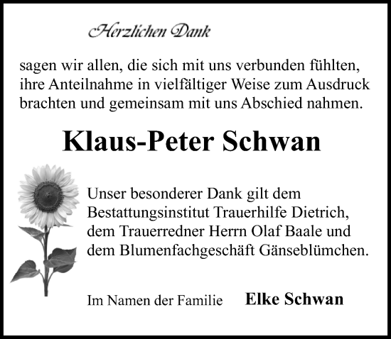 Traueranzeige von Klaus-Peter Schwan von Ostsee-Zeitung GmbH
