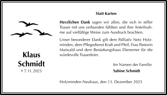 Traueranzeige von Klaus Schmidt von Täglicher Anzeiger Holzminden