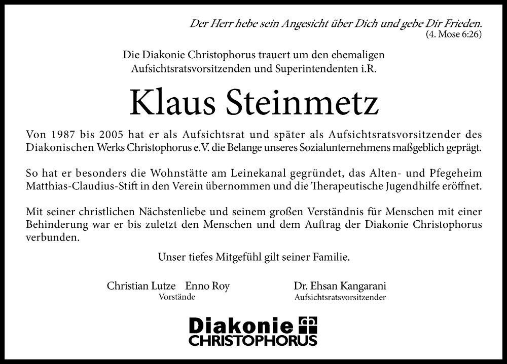  Traueranzeige für Klaus Steinmetz vom 13.12.2025 aus Göttinger Tageblatt