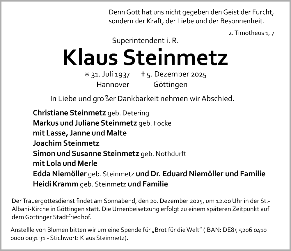  Traueranzeige für Klaus Steinmetz vom 13.12.2025 aus Göttinger Tageblatt