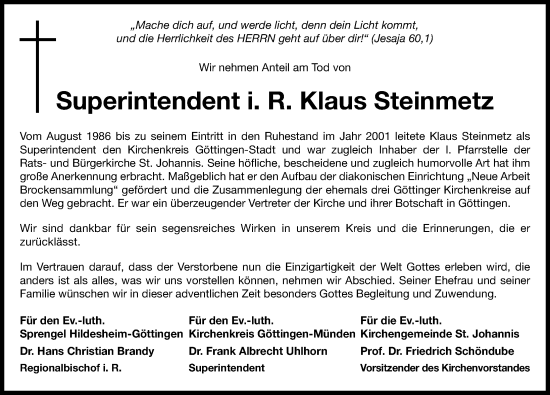 Traueranzeige von Klaus Steinmetz von Göttinger Tageblatt