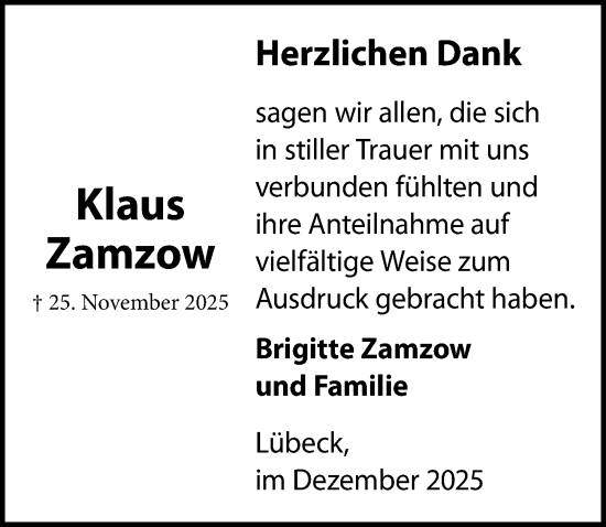 Traueranzeige von Klaus Zamzow von Lübecker Nachrichten