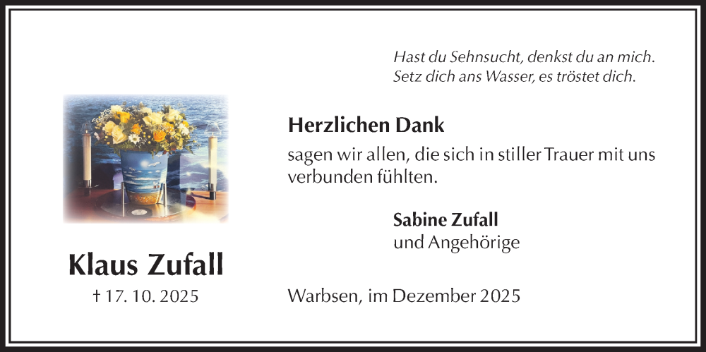 Traueranzeige für Klaus Zufall vom 06.12.2025 aus Täglicher Anzeiger Holzminden