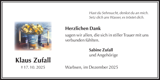 Traueranzeige von Klaus Zufall von Täglicher Anzeiger Holzminden