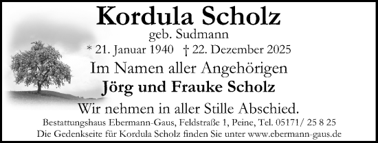 Traueranzeige von Kordula Scholz von Peiner Allgemeine Zeitung