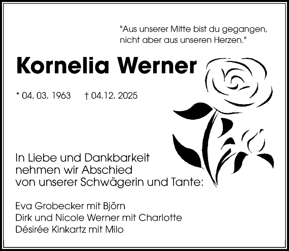 Traueranzeige für Kornelia Werner vom 13.12.2025 aus Eichsfelder Tageblatt