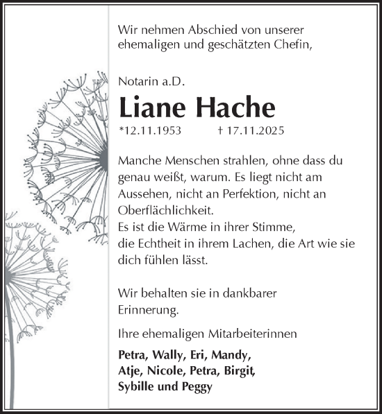 Traueranzeige von Liane Hache von Sächsische Zeitung