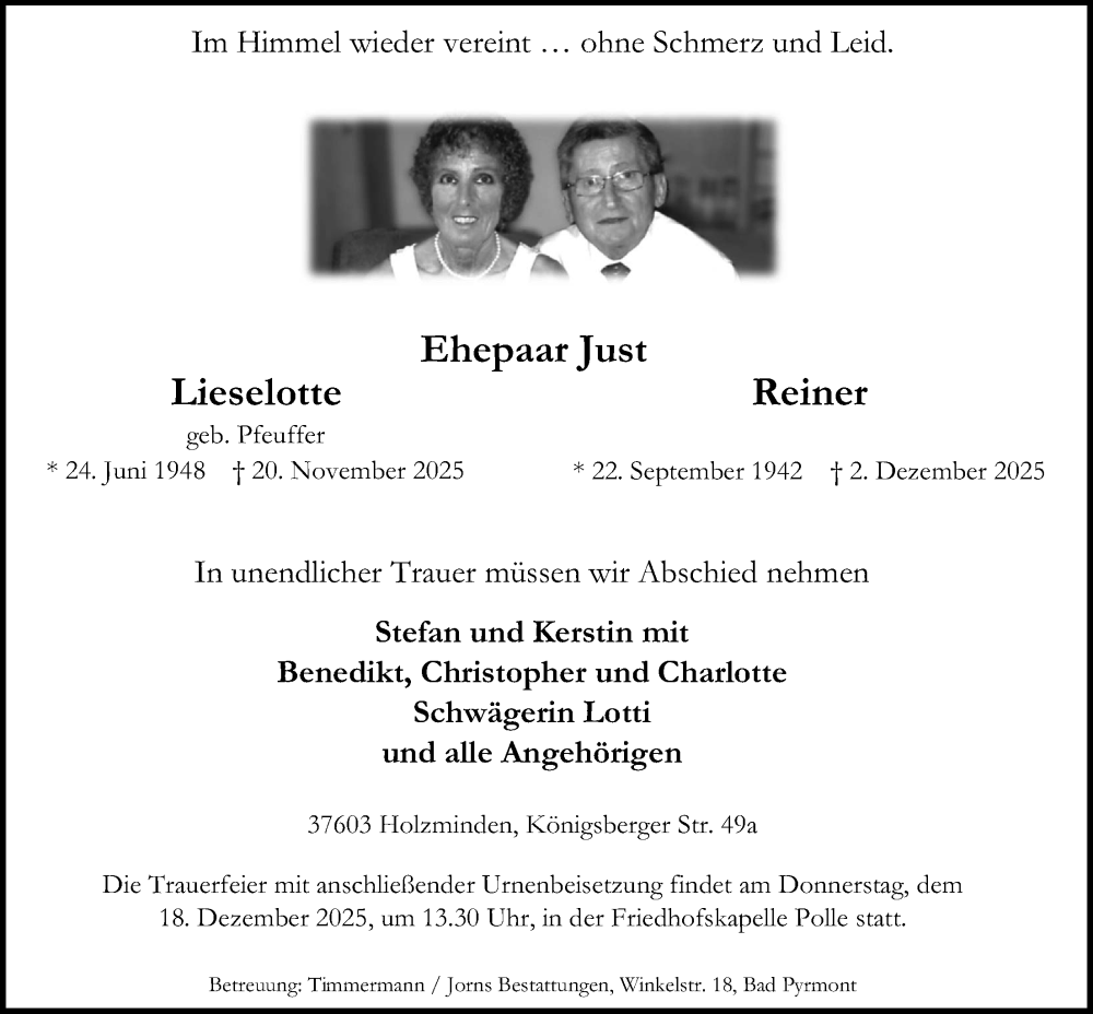  Traueranzeige für Lieselotte Just vom 06.12.2025 aus Täglicher Anzeiger Holzminden