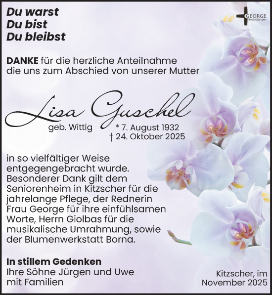 Traueranzeige von Lisa Guschel von Leipziger Volkszeitung