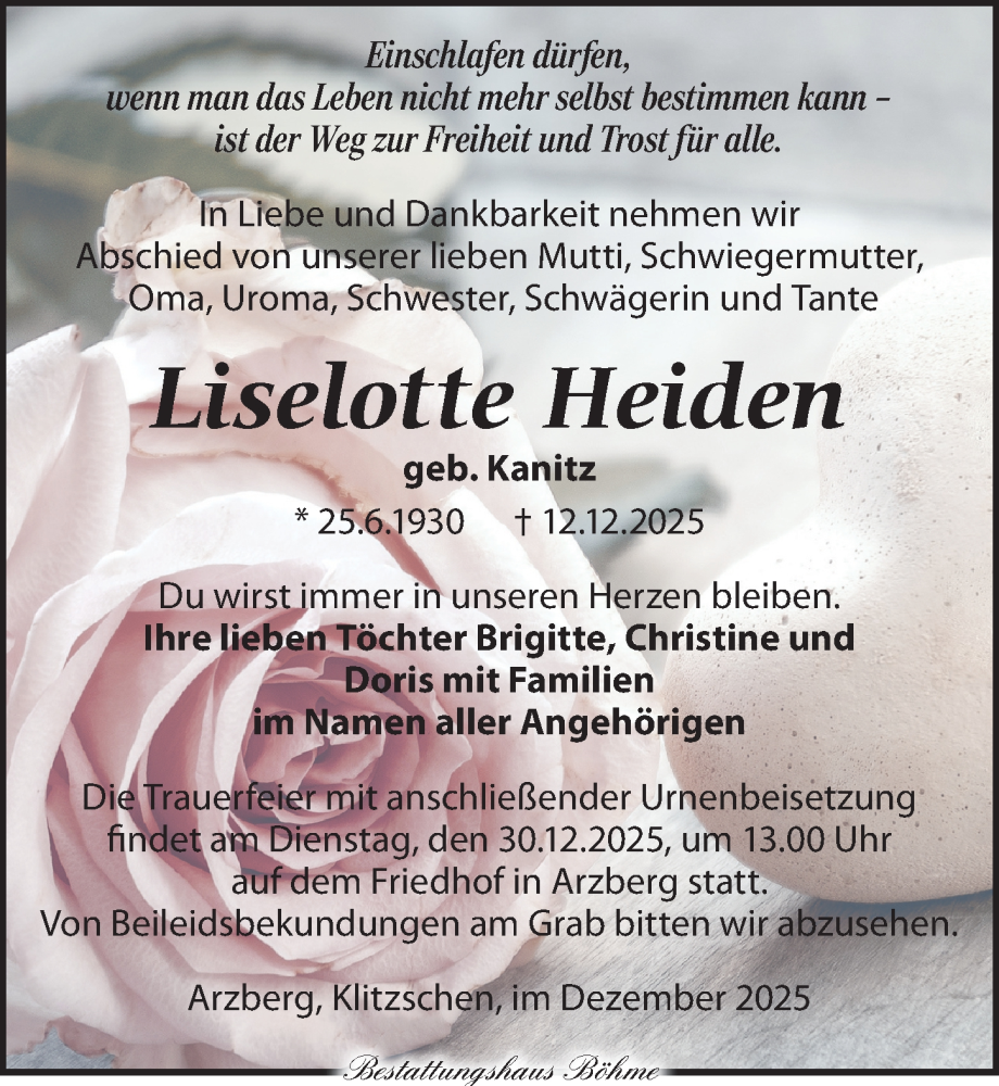  Traueranzeige für Liselotte Heiden vom 21.12.2025 aus Torgauer Zeitung
