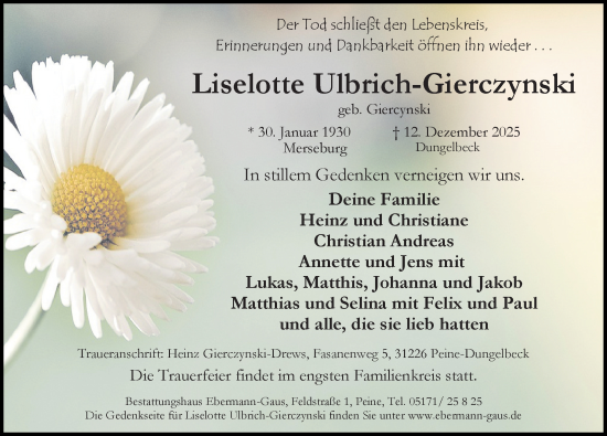 Traueranzeige von Liselotte Ulbrich-Gierczynski von Peiner Allgemeine Zeitung