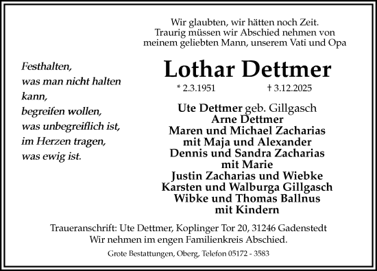 Traueranzeige von Lothar Dettmer von Peiner Allgemeine Zeitung