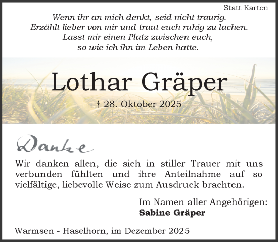 Traueranzeige von Lothar Gräper von Die Harke