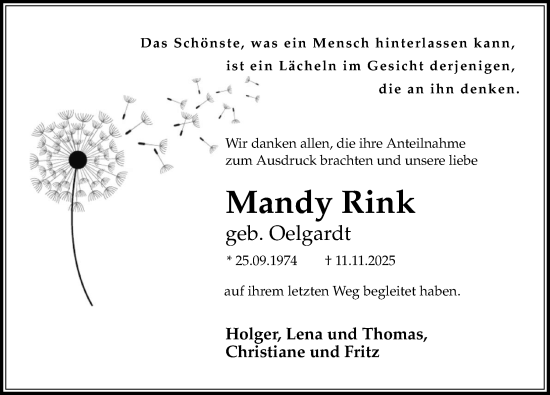 Traueranzeige von Mandy Rink von Ostsee-Zeitung GmbH