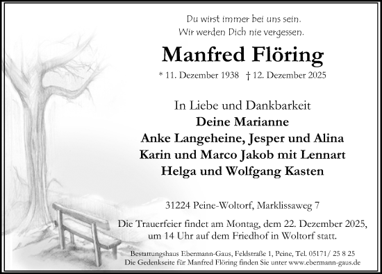 Traueranzeige von Manfred Flöring von Peiner Allgemeine Zeitung