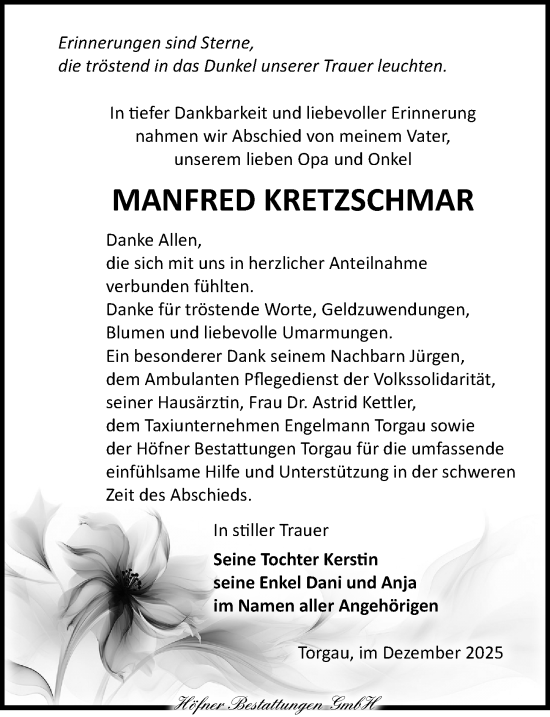 Traueranzeige von Manfred Kretzschmar von Torgauer Zeitung