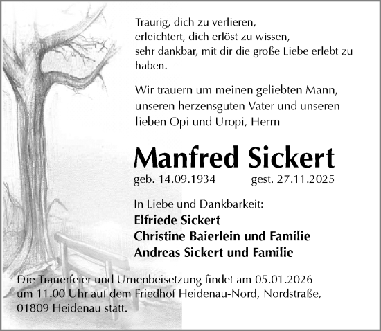 Traueranzeige von Manfred Sickert von Sächsische Zeitung