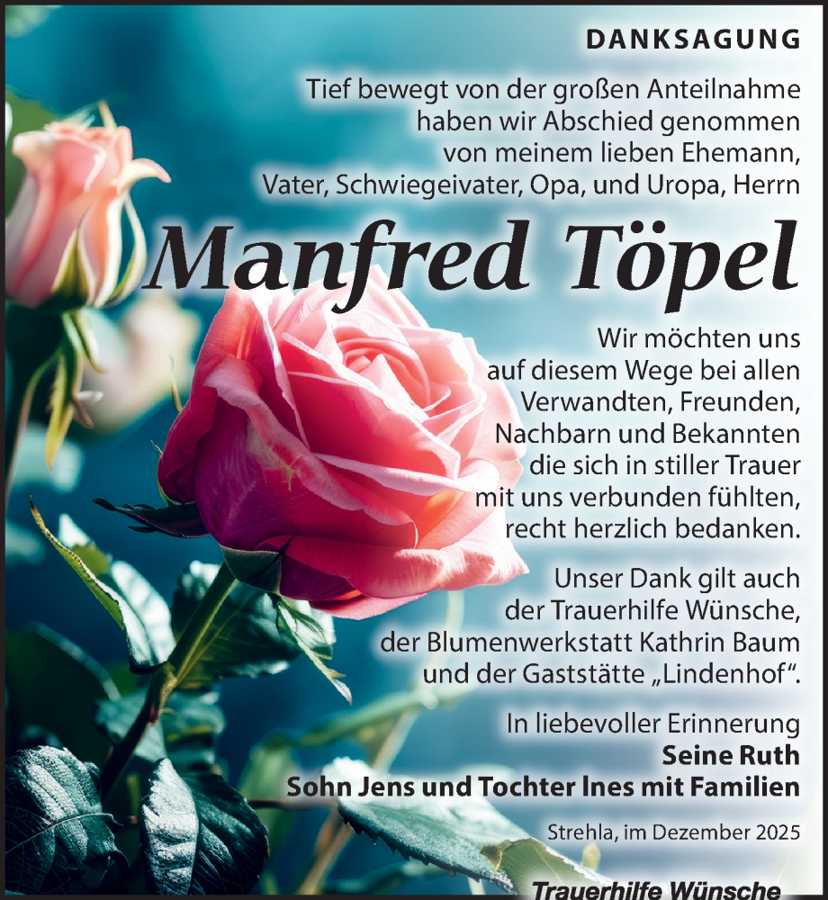  Traueranzeige für Manfred Töpel vom 13.12.2025 aus Sächsische Zeitung