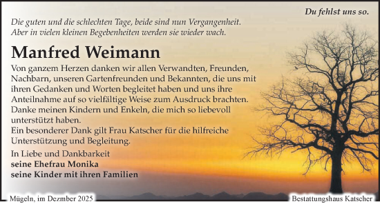 Traueranzeige von Manfred Weimann von Leipziger Volkszeitung