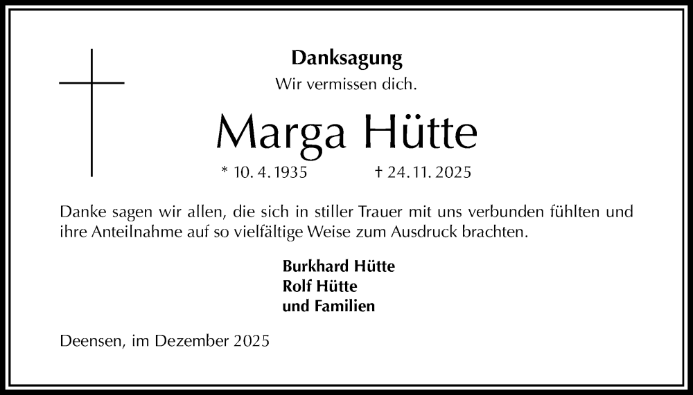  Traueranzeige für Marga Hütte vom 13.12.2025 aus Täglicher Anzeiger Holzminden