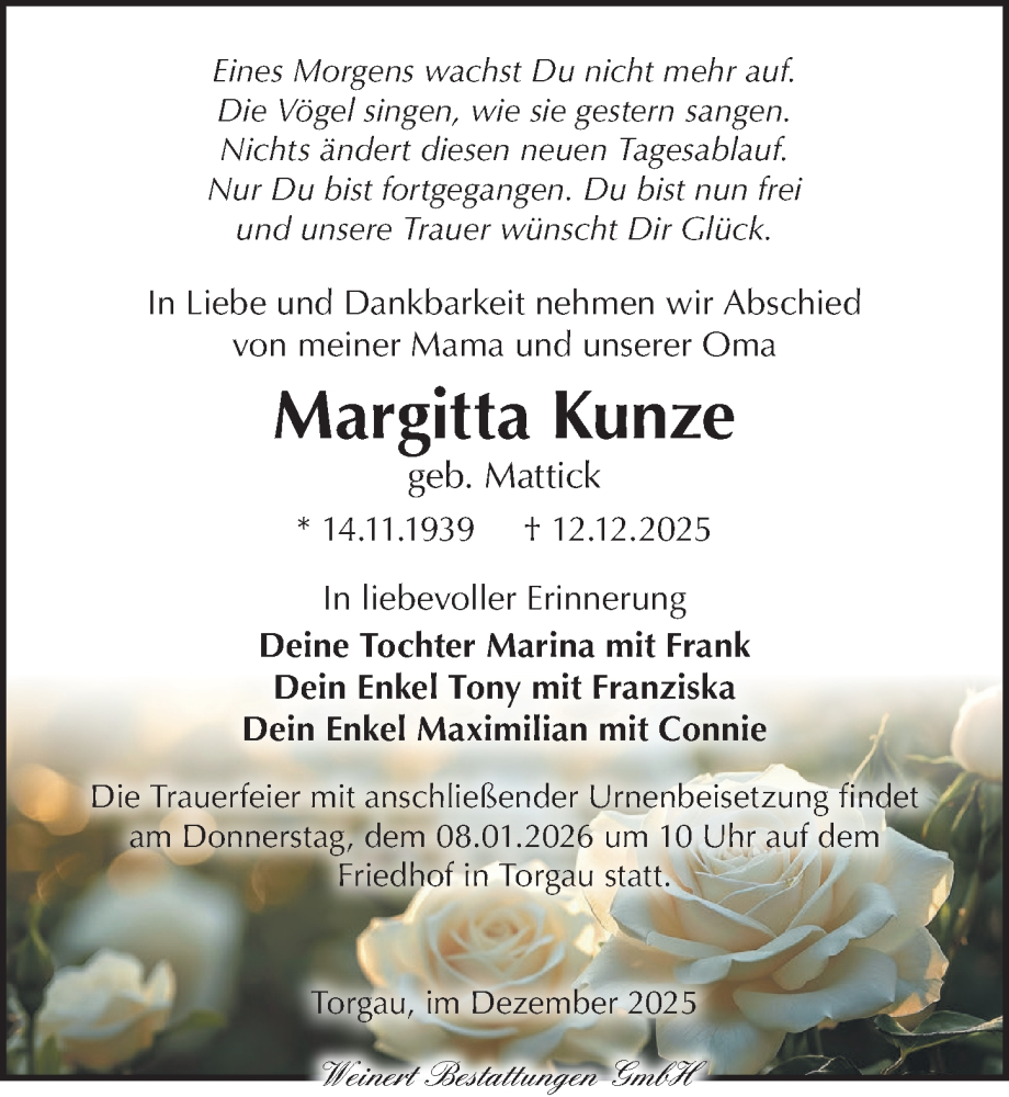  Traueranzeige für Margitta Kunze vom 28.12.2025 aus Torgauer Zeitung