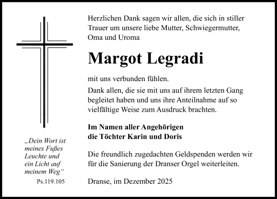 Traueranzeige von Margot Legradi von Wochenspiegel